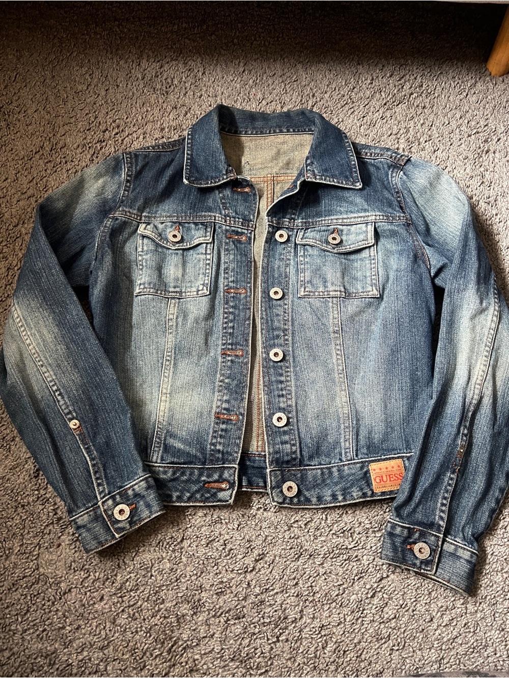 Guess Denim Jacket with Tan Leather Logo Patch and Red Accent